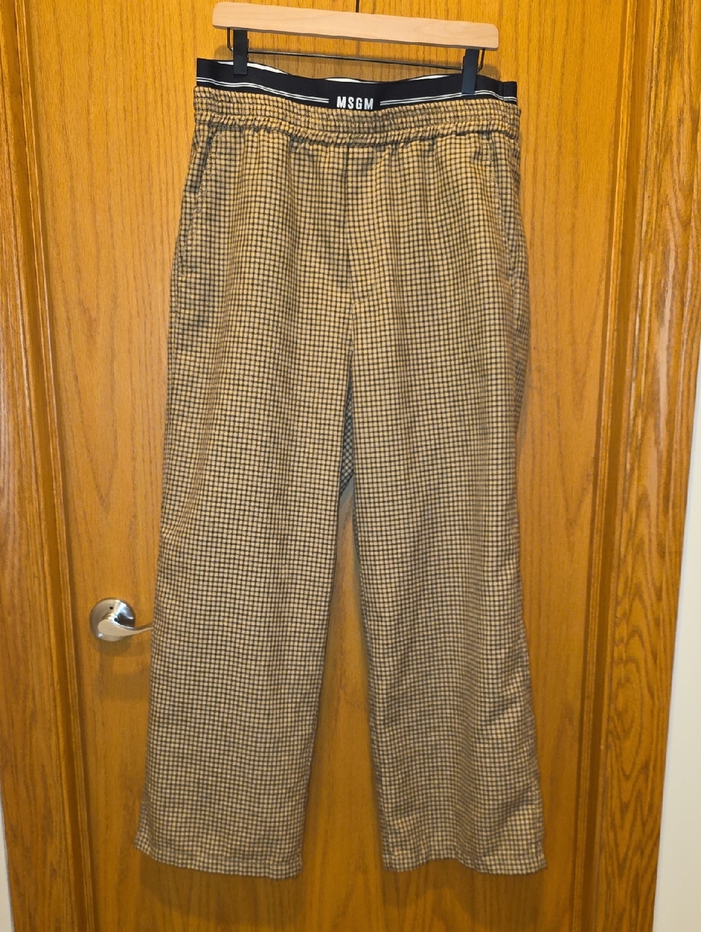 MSGM Tartan Tan & Black Checkered Wide-Leg Pants With Logo Waistband